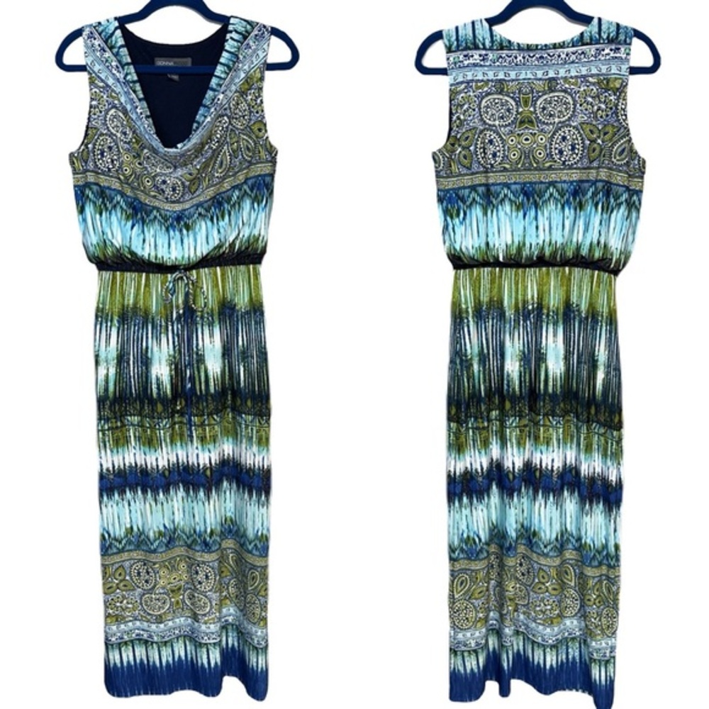 Donna Ricco Draped Neck Sleeveless Boho Maxi Dress Paisley Coastal Beach Sz 10